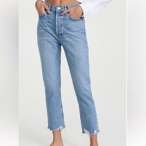 Agolde Riley raw hem crop high rise straight jean in color bitter